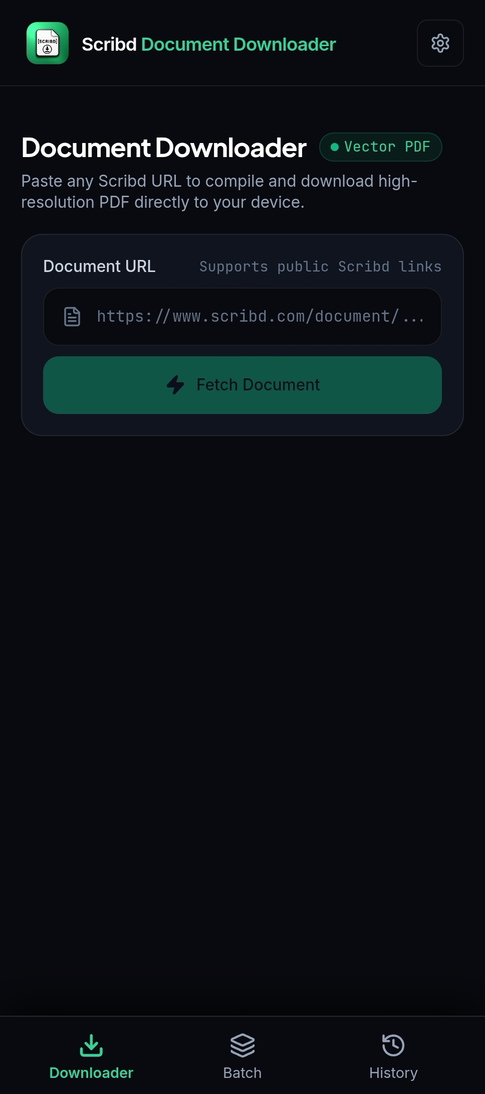 Scribd Document Downloader Single Link Input Screen with Vector PDF Engine Pill