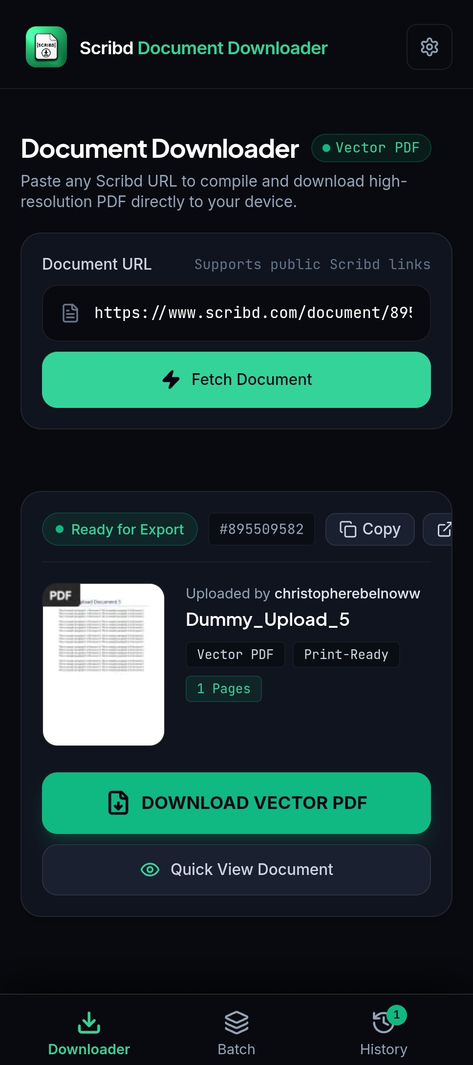Scribd Document Downloader Resolved Document Card with Cover and Quick Preview