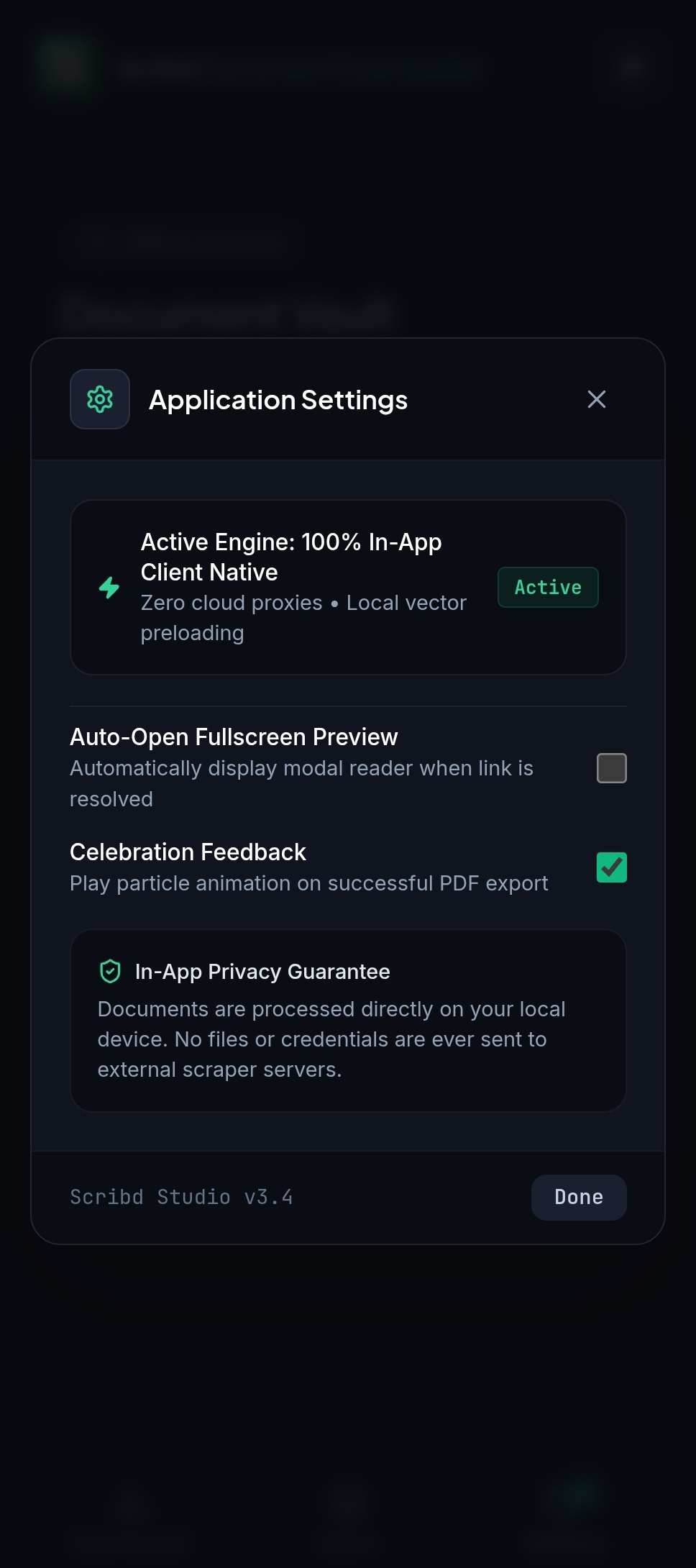 Scribd Document Downloader Application Settings and In-App Client Native Engine